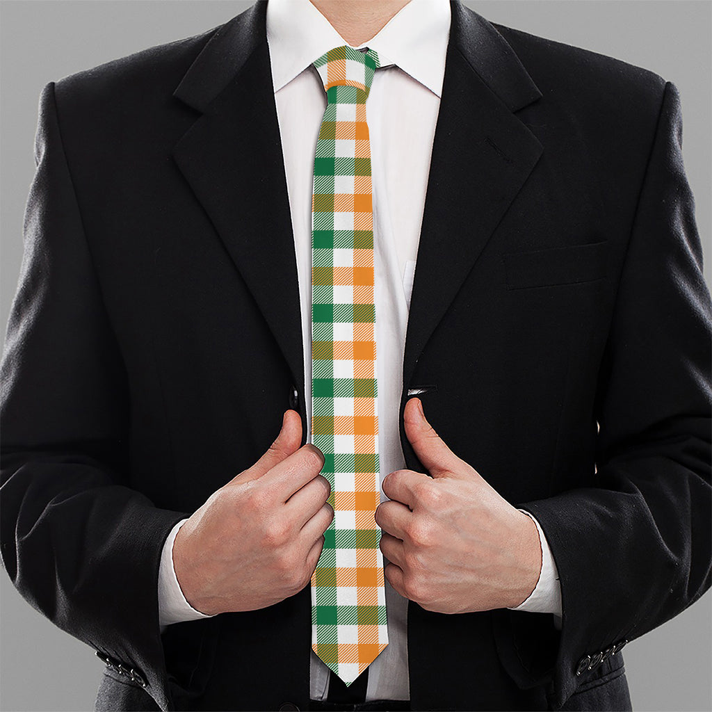 White Orange And Green Plaid Print Necktie