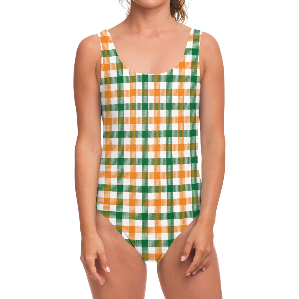 White Orange And Green Plaid Print One Piece Swimsuit