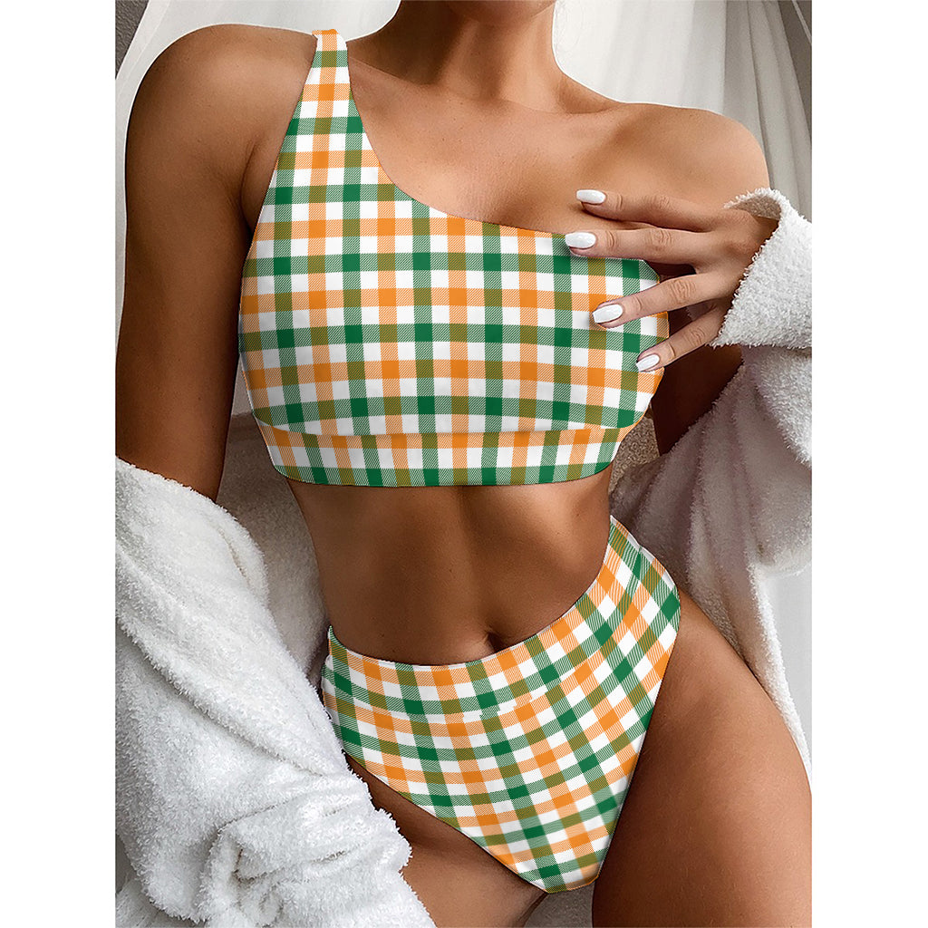 White Orange And Green Plaid Print One Shoulder Bikini Top