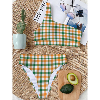 White Orange And Green Plaid Print One Shoulder Bikini Top