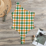 White Orange And Green Plaid Print One Shoulder Bodysuit