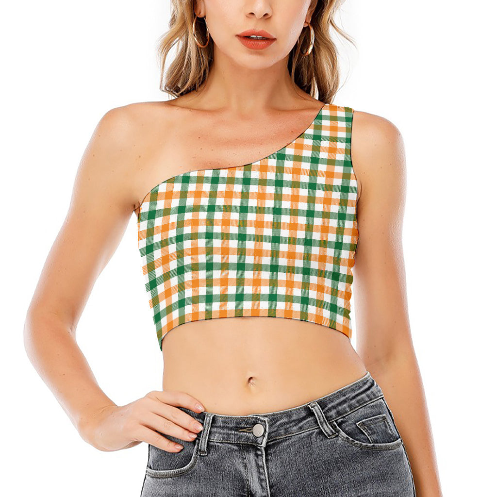 White Orange And Green Plaid Print One Shoulder Crop Top