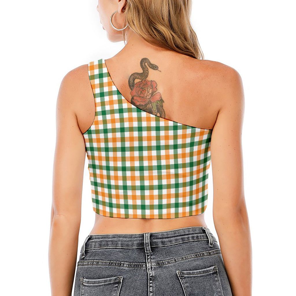 White Orange And Green Plaid Print One Shoulder Crop Top