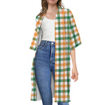 White Orange And Green Plaid Print Open Front Beach Cover Up