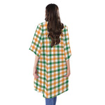 White Orange And Green Plaid Print Open Front Beach Cover Up