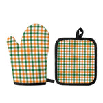 White Orange And Green Plaid Print Oven Mitt And Pot Holder Set