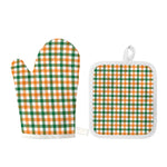 White Orange And Green Plaid Print Oven Mitt And Pot Holder Set
