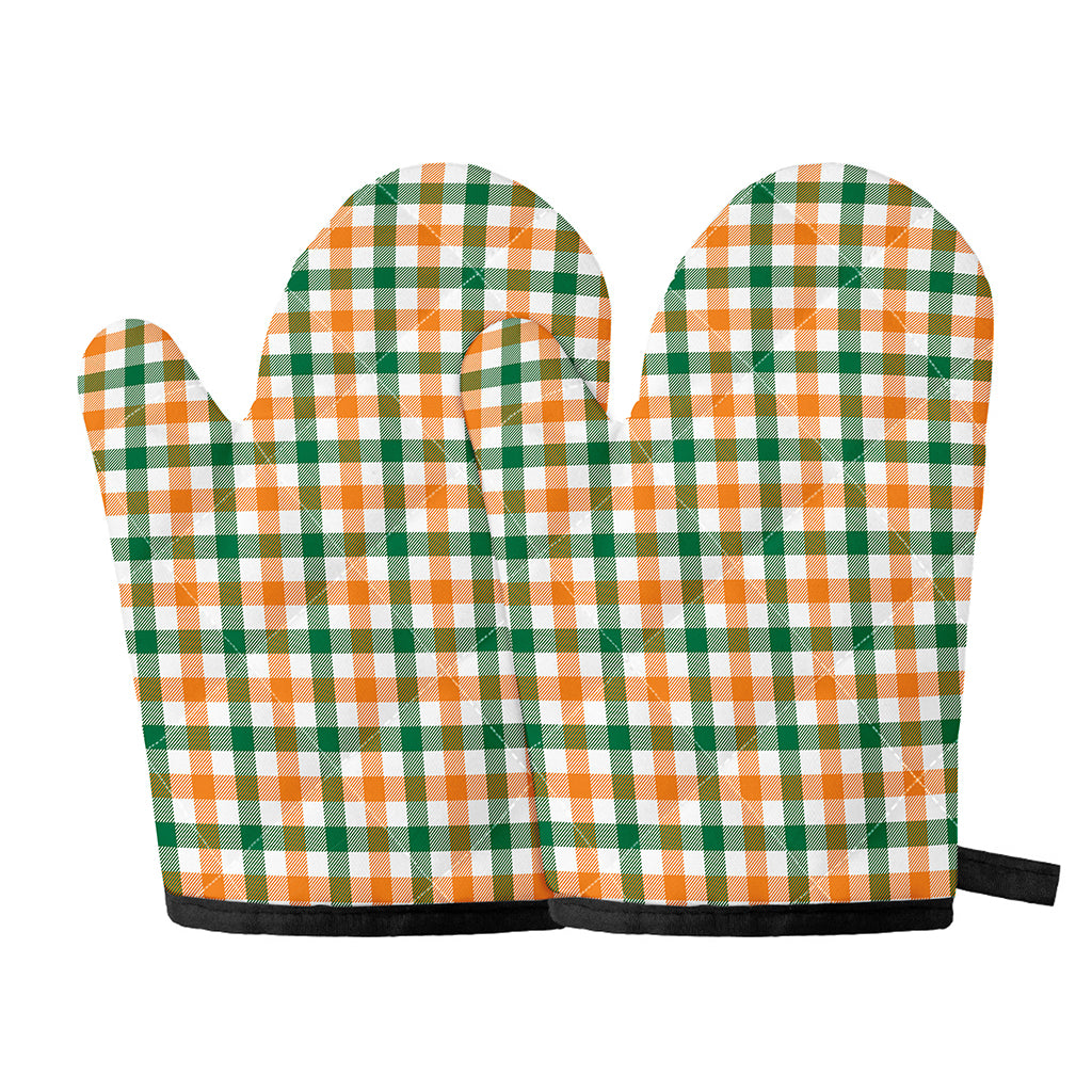 White Orange And Green Plaid Print Oven Mitts