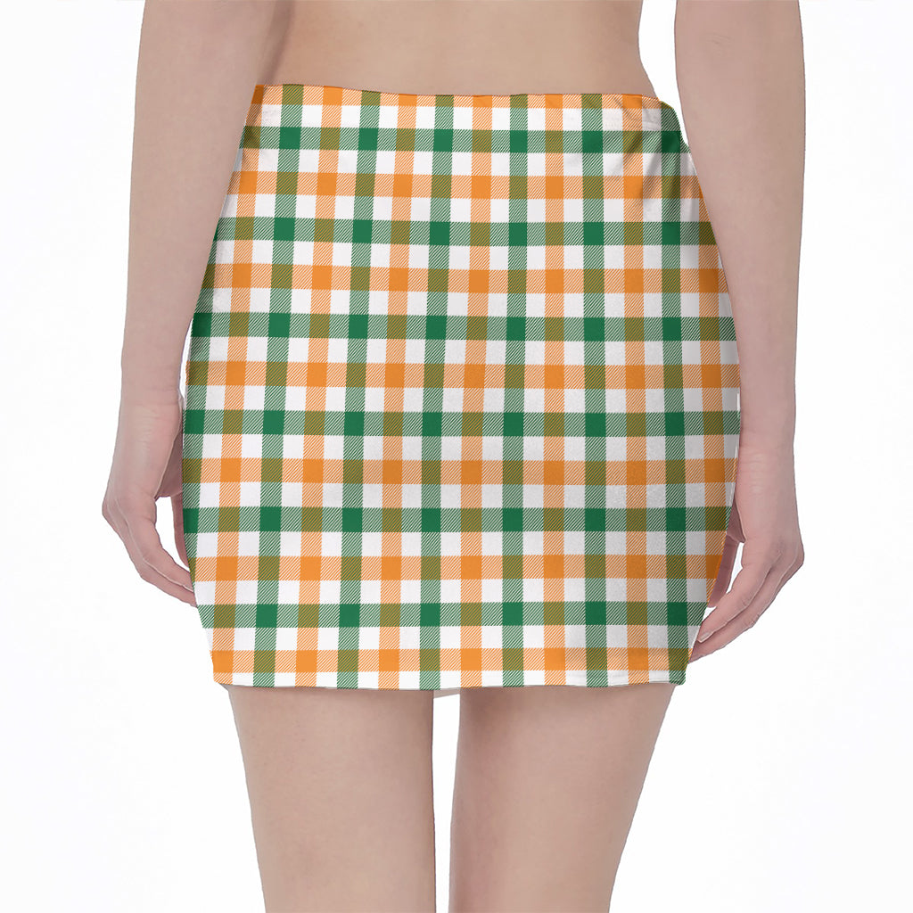 White Orange And Green Plaid Print Pencil Mini Skirt