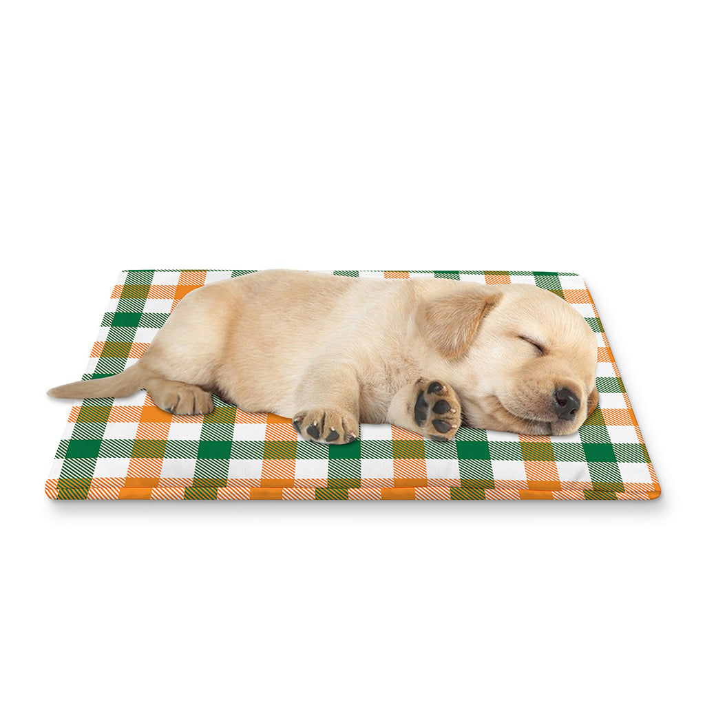 White Orange And Green Plaid Print Pet Cooling Mat Cover