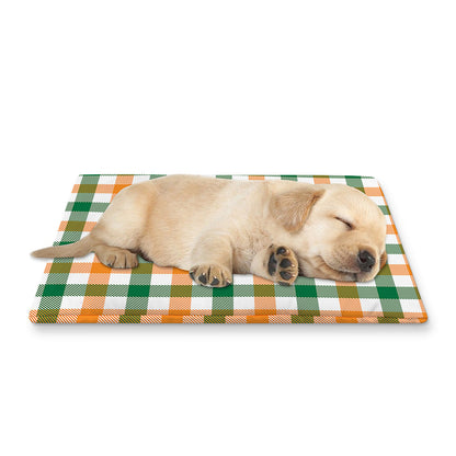 White Orange And Green Plaid Print Pet Cooling Mat Cover
