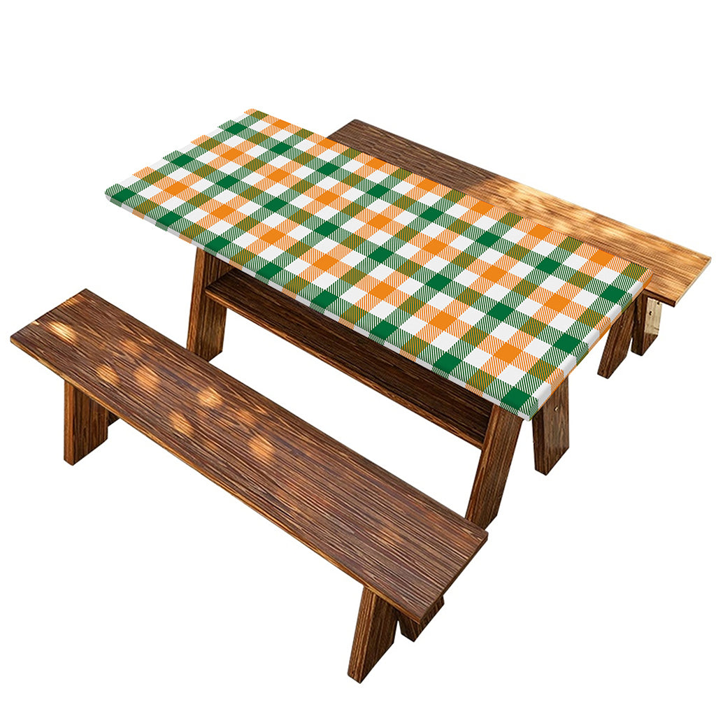 White Orange And Green Plaid Print Picnic Table Cover