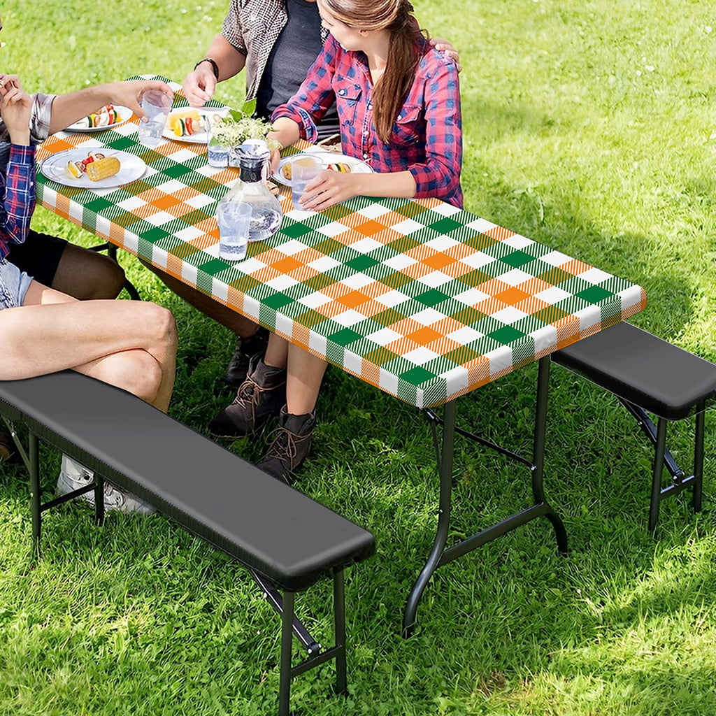 White Orange And Green Plaid Print Picnic Table Cover