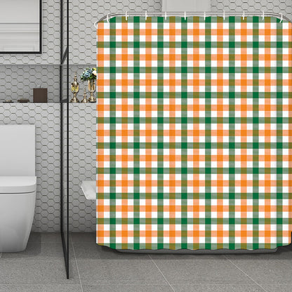 White Orange And Green Plaid Print Polyester Shower Curtain