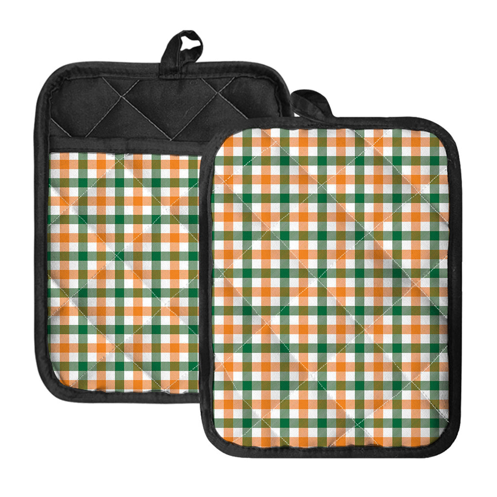 White Orange And Green Plaid Print Pot Holders With Pocket