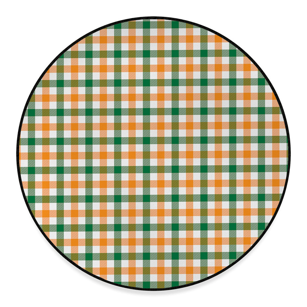White Orange And Green Plaid Print Round Floor Mat