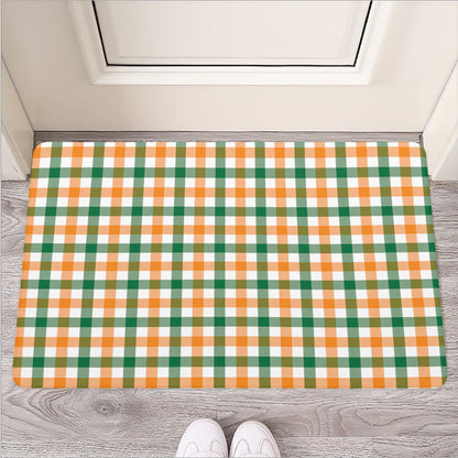 White Orange And Green Plaid Print Rubber Doormat