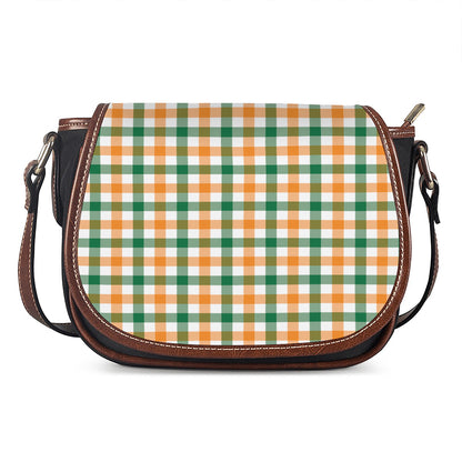 White Orange And Green Plaid Print Saddle Bag