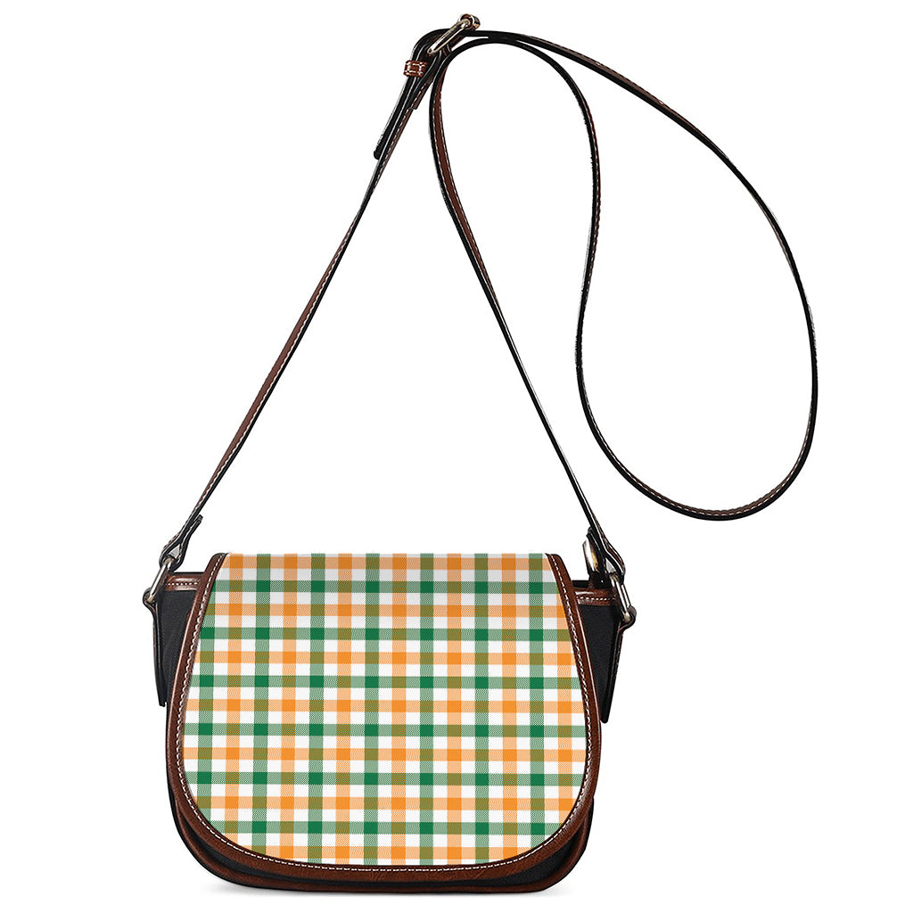 White Orange And Green Plaid Print Saddle Bag