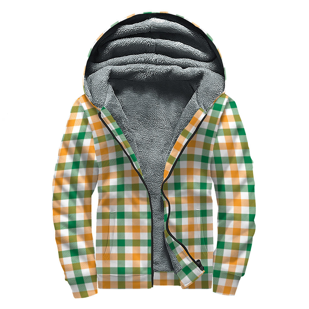 White Orange And Green Plaid Print Sherpa Lined Zip Up Hoodie