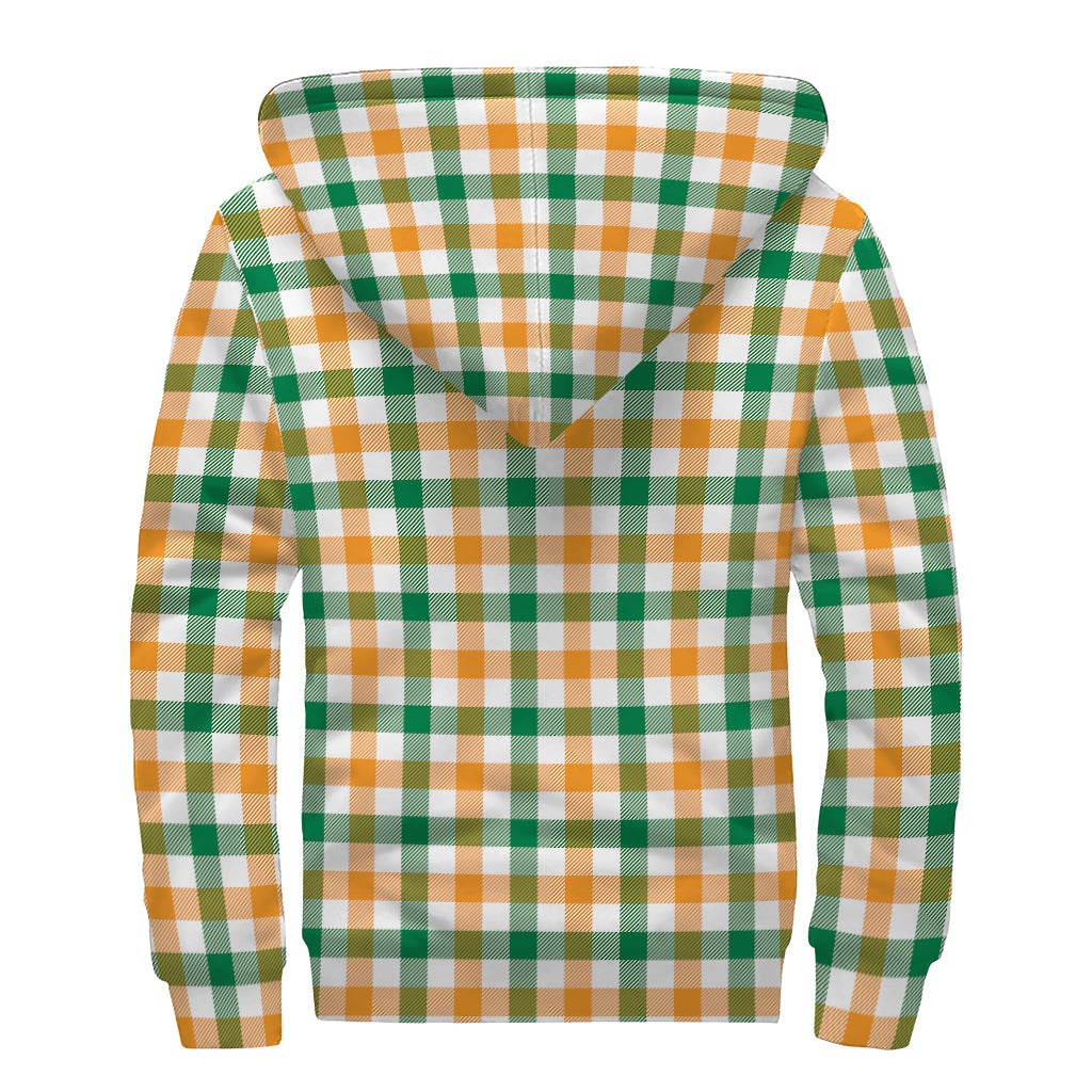White Orange And Green Plaid Print Sherpa Lined Zip Up Hoodie