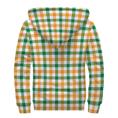 White Orange And Green Plaid Print Sherpa Lined Zip Up Hoodie