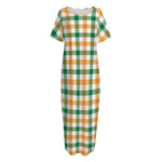 White Orange And Green Plaid Print Short Sleeve Long Nightdress
