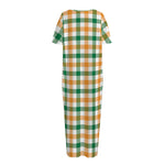 White Orange And Green Plaid Print Short Sleeve Long Nightdress