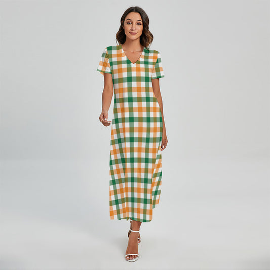 White Orange And Green Plaid Print Short Sleeve Maxi Dress