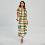 White Orange And Green Plaid Print Short Sleeve Maxi Dress