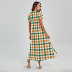 White Orange And Green Plaid Print Short Sleeve Maxi Dress