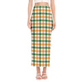 White Orange And Green Plaid Print Side Slit Maxi Skirt