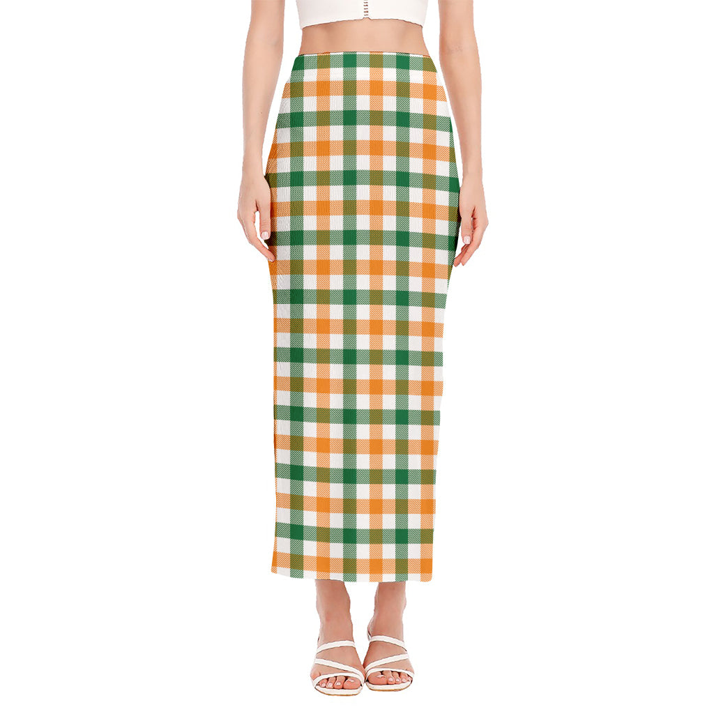 White Orange And Green Plaid Print Side Slit Maxi Skirt