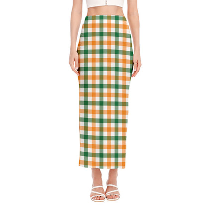White Orange And Green Plaid Print Side Slit Maxi Skirt