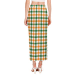 White Orange And Green Plaid Print Side Slit Maxi Skirt