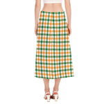 White Orange And Green Plaid Print Side Slit Midi Skirt