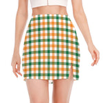 White Orange And Green Plaid Print Side Slit Mini Skirt