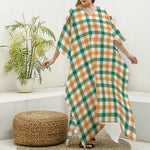 White Orange And Green Plaid Print Silk V-Neck Kaftan Dress