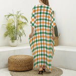 White Orange And Green Plaid Print Silk V-Neck Kaftan Dress