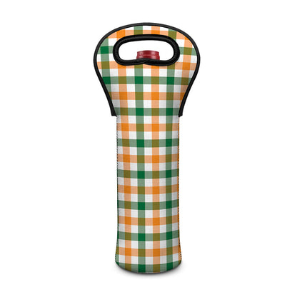White Orange And Green Plaid Print Single Neoprene Wine Tote