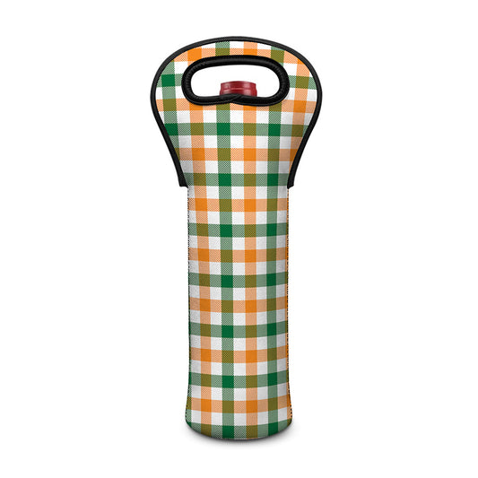 White Orange And Green Plaid Print Single Neoprene Wine Tote