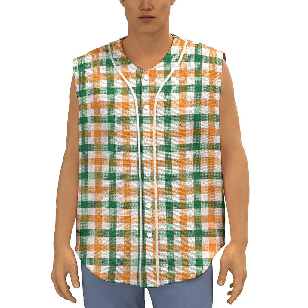 White Orange And Green Plaid Print Sleeveless Baseball Jersey
