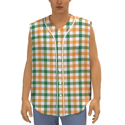 White Orange And Green Plaid Print Sleeveless Baseball Jersey