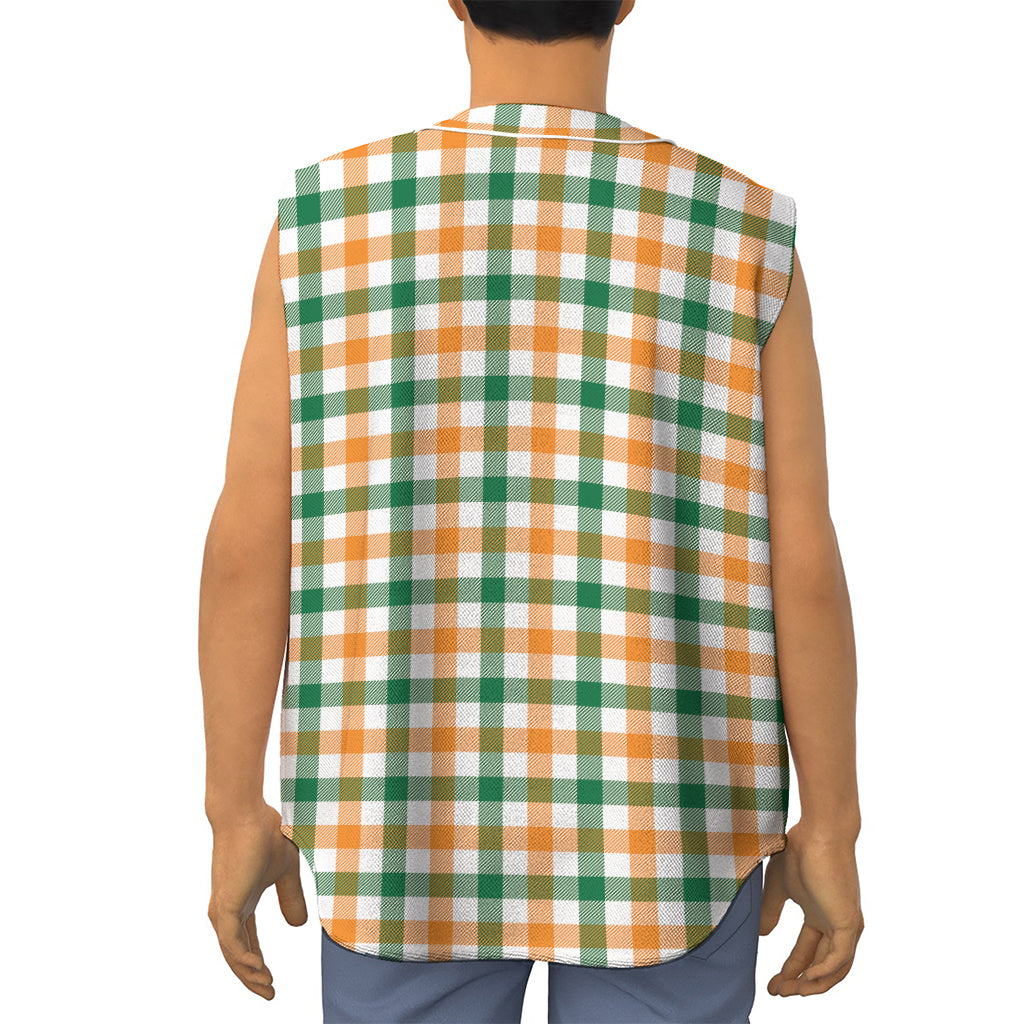 White Orange And Green Plaid Print Sleeveless Baseball Jersey