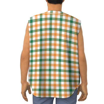 White Orange And Green Plaid Print Sleeveless Baseball Jersey