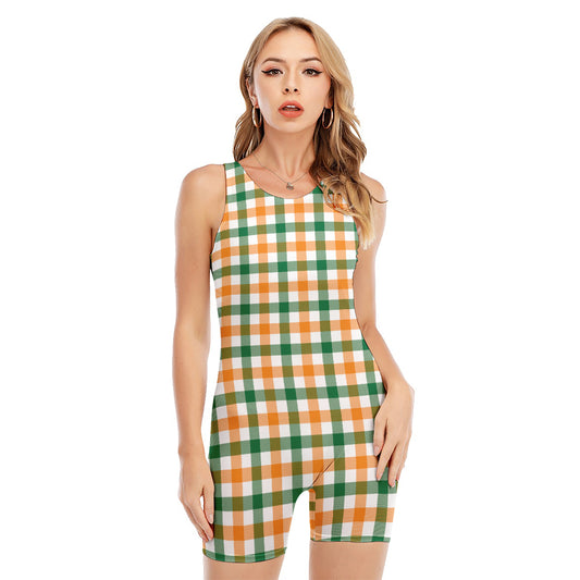 White Orange And Green Plaid Print Sleeveless One Piece Swimsuit