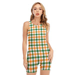 White Orange And Green Plaid Print Sleeveless One Piece Swimsuit