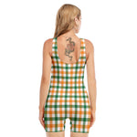 White Orange And Green Plaid Print Sleeveless One Piece Swimsuit