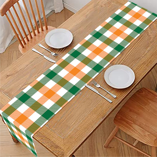 White Orange And Green Plaid Print Table Runner