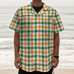 White Orange And Green Plaid Print Textured Short Sleeve Shirt